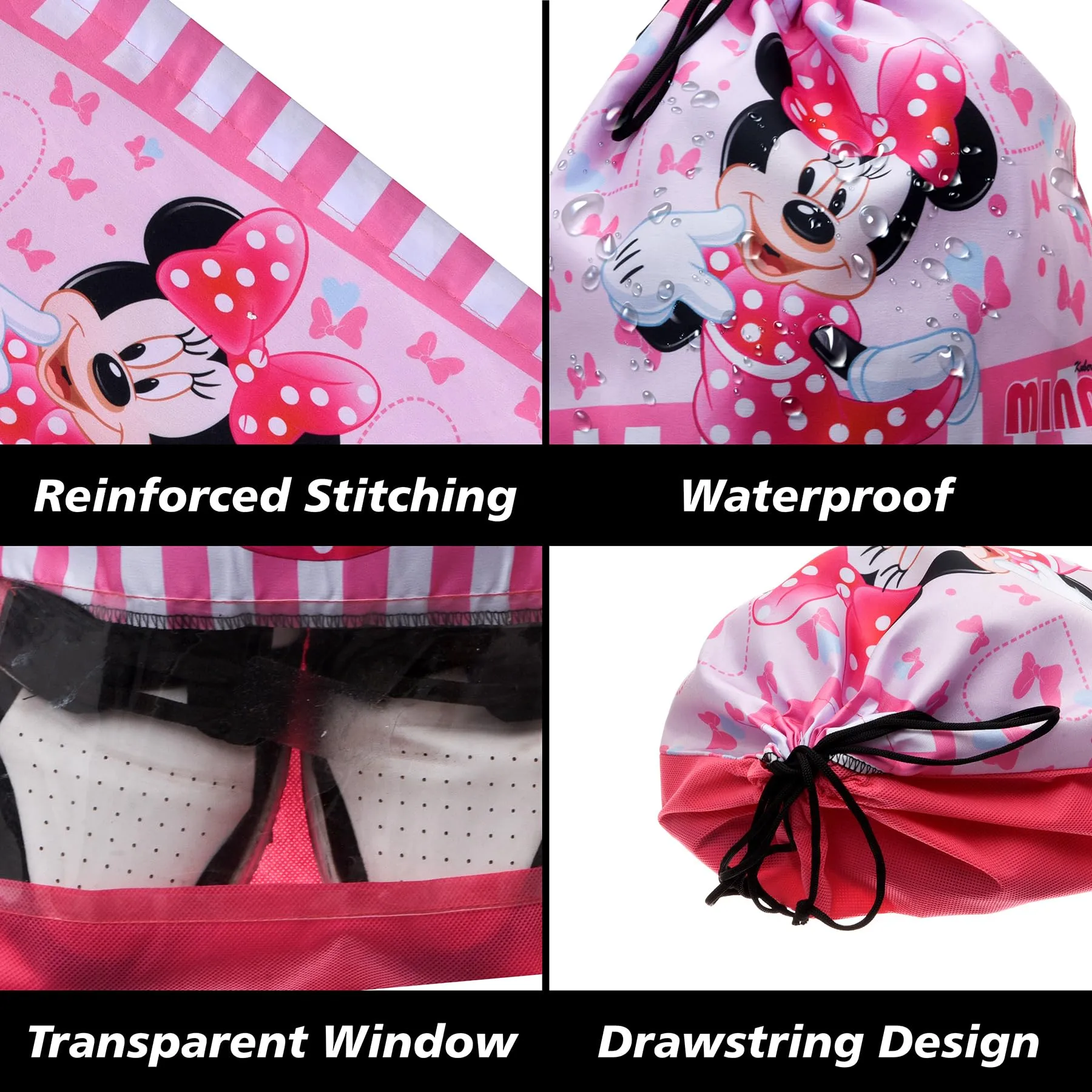 Kuber Industries Disney Minnie Shoe Cover | Travel Shoe Storage Bags | Polyester Storage Bag | Drawstring Shoe Cover | Shoe Organizer with Clear Window | Pack of 18 | Pink