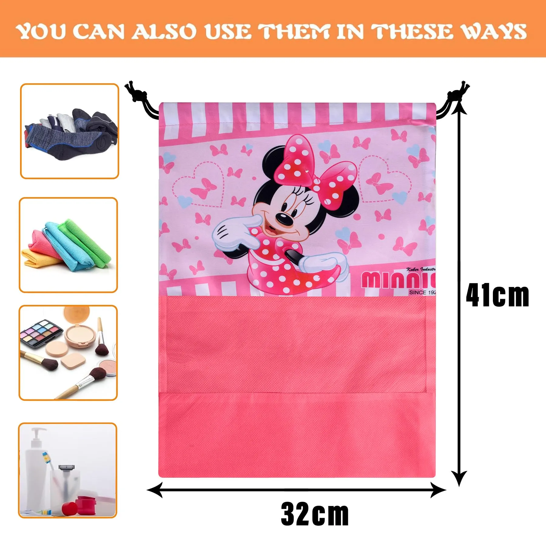 Kuber Industries Disney Minnie Shoe Cover | Travel Shoe Storage Bags | Polyester Storage Bag | Drawstring Shoe Cover | Shoe Organizer with Clear Window | Pack of 18 | Pink