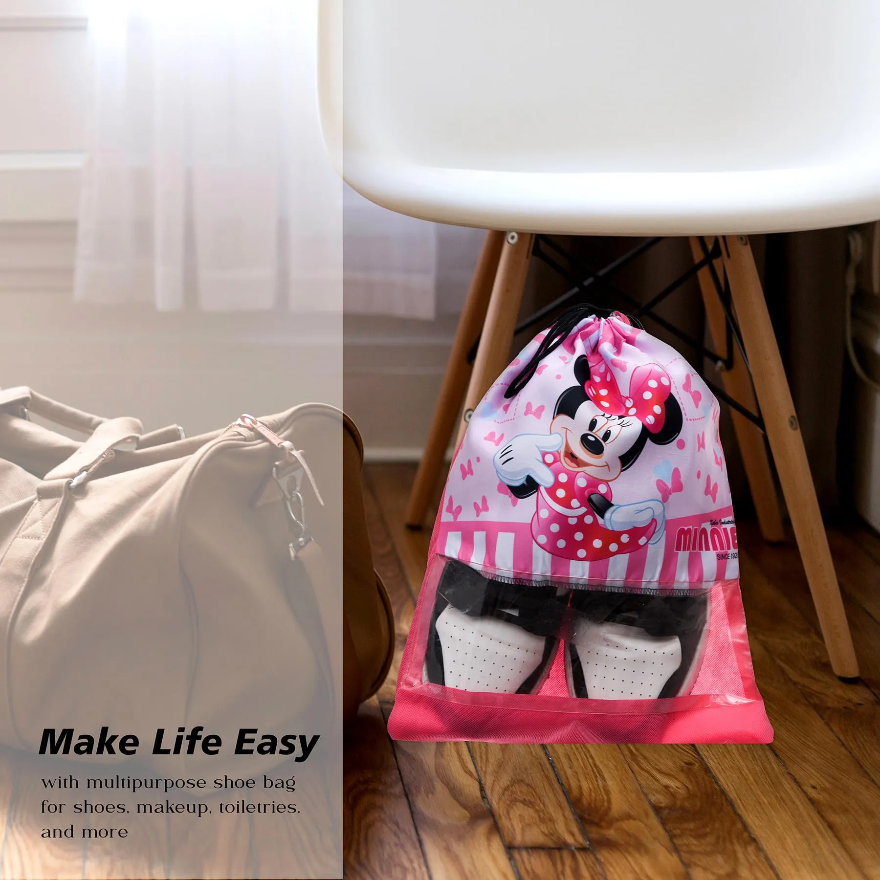 Kuber Industries Disney Minnie Shoe Cover | Travel Shoe Storage Bags | Polyester Storage Bag | Drawstring Shoe Cover | Shoe Organizer with Clear Window | Pack of 18 | Pink