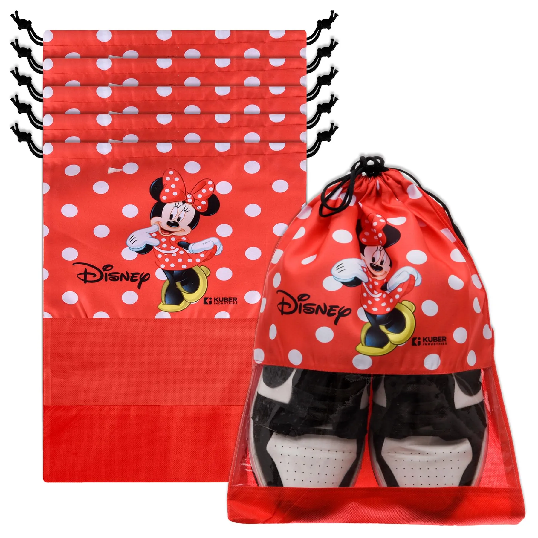 Kuber Industries Disney Minnie Shoe Cover | Travel Shoe Storage Bags | Polyester Storage Bag | Drawstring Shoe Cover | Shoe Organizer with Clear window | Pack of 6 | Red