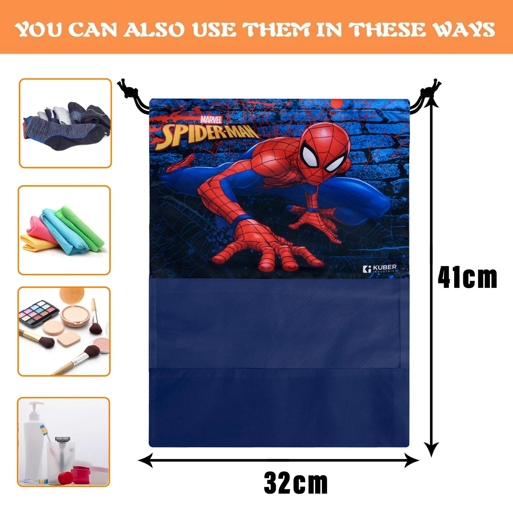 Kuber Industries Marvel Spiderman Shoe Cover | Travel Shoe Storage Bags | Polyester Storage Bag | Drawstring Shoe Cover | Shoe Organizer with Clear Window | Pack of 12 | Navy Blue