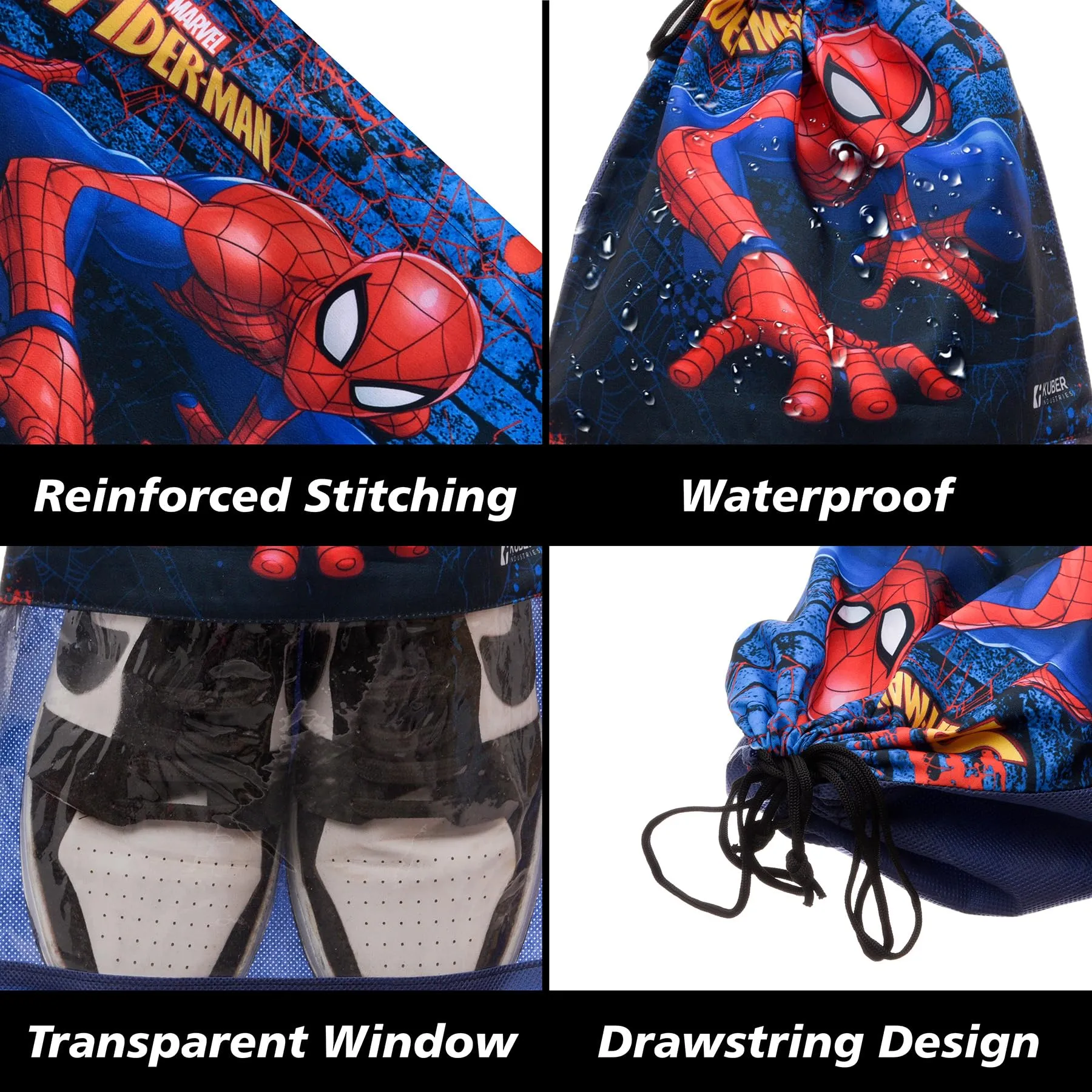 Kuber Industries Marvel Spiderman Shoe Cover | Travel Shoe Storage Bags | Polyester Storage Bag | Drawstring Shoe Cover | Shoe Organizer with Clear Window | Pack of 12 | Navy Blue