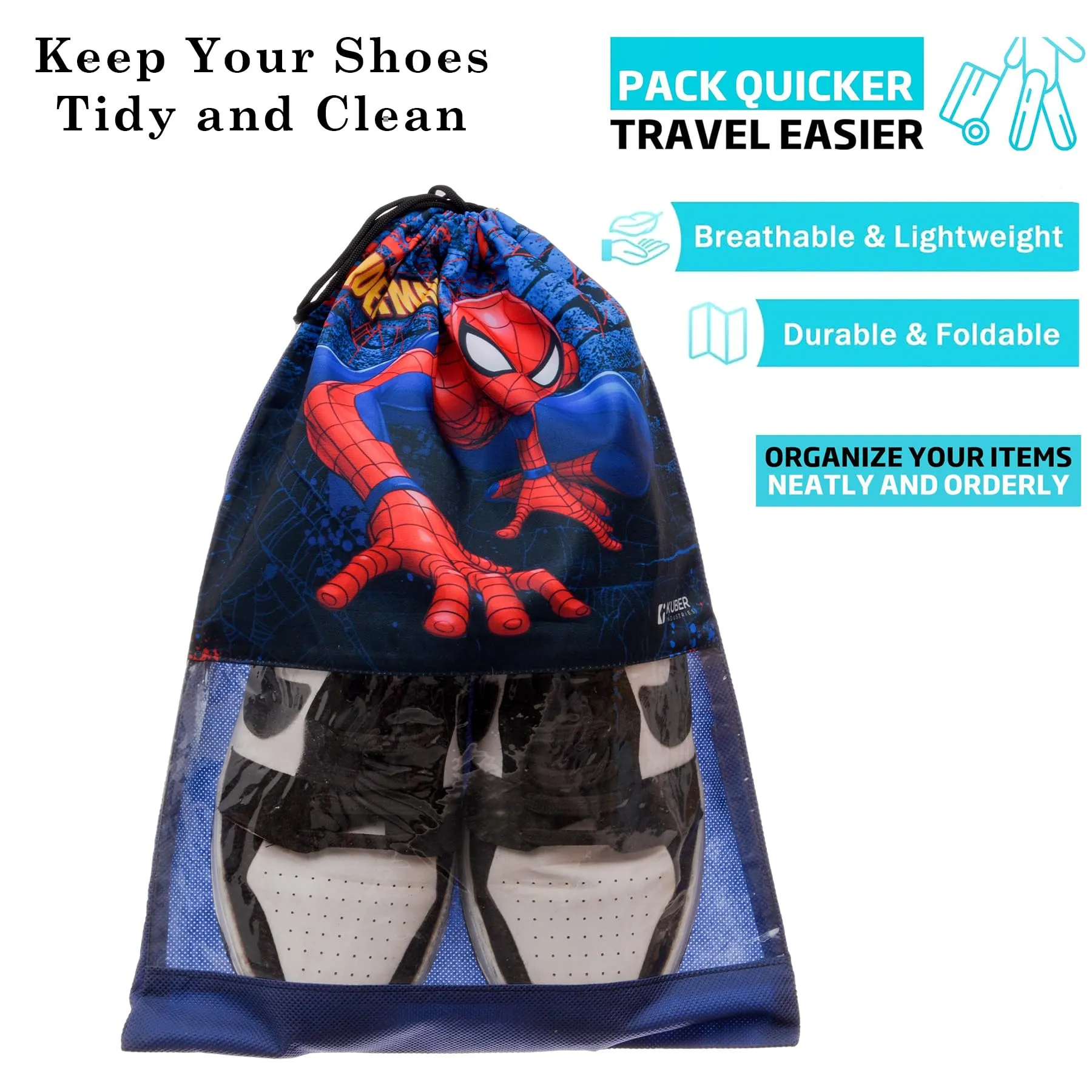 Kuber Industries Marvel Spiderman Shoe Cover | Travel Shoe Storage Bags | Polyester Storage Bag | Drawstring Shoe Cover | Shoe Organizer with Clear Window | Pack of 12 | Navy Blue