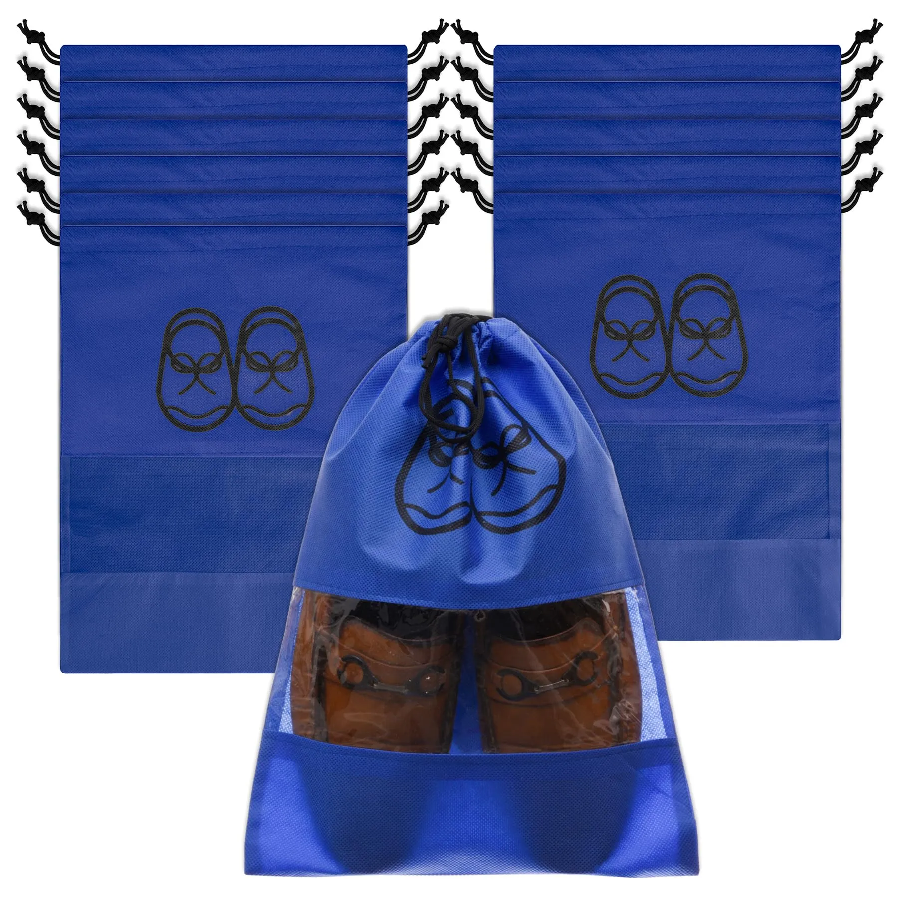 Kuber Industries Shoe Cover | Travel Shoe Storage Bags | Non-Woven Storage Bag | Shoe Cover with Drawstring | Shoe Organizer with Clear Window | Plain | Pack of 12 | Blue