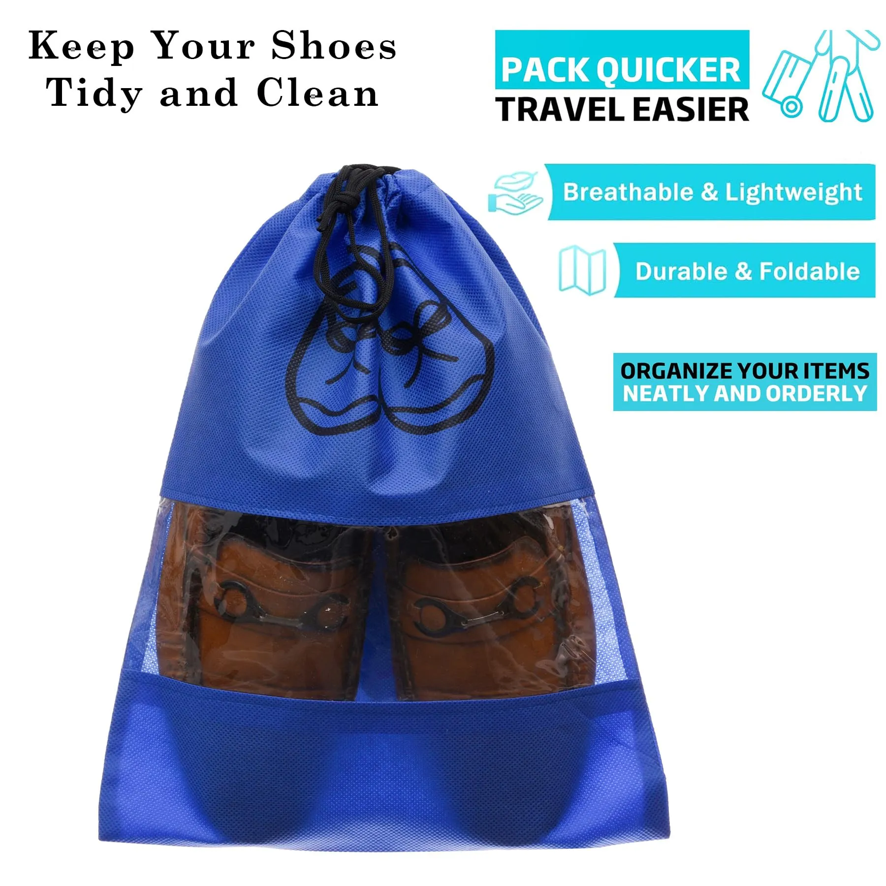 Kuber Industries Shoe Cover | Travel Shoe Storage Bags | Non-Woven Storage Bag | Shoe Cover with Drawstring | Shoe Organizer with Clear Window | Plain | Pack of 12 | Blue