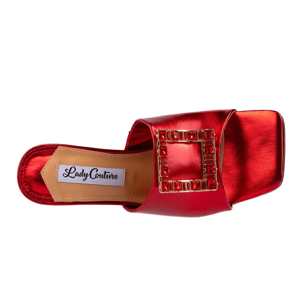 Lady Couture CASINO Red Jeweled Metallic Square Heel Slide