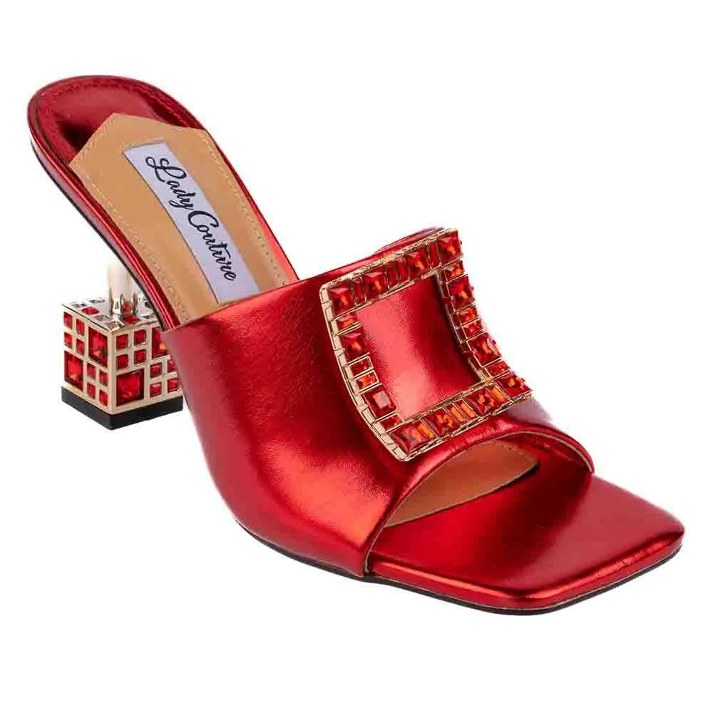 Lady Couture CASINO Red Jeweled Metallic Square Heel Slide