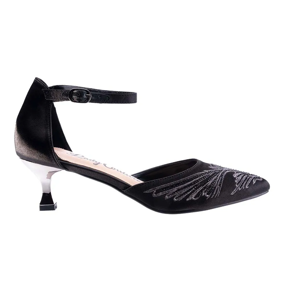 Lady Couture KATE Black Open Side Instep Strap Embroidered Pumps