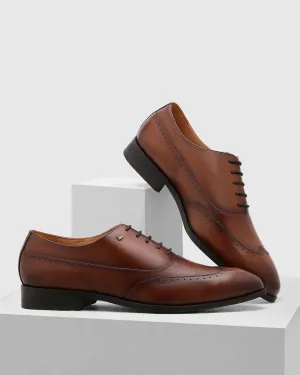 Leather Tan Solid Oxford Shoes - Qusso