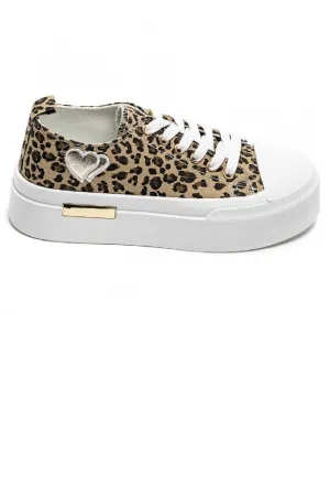 LEOPARD LACE UP HEART DETAIL CHUNKY STYLISH FLAT TRAINERS