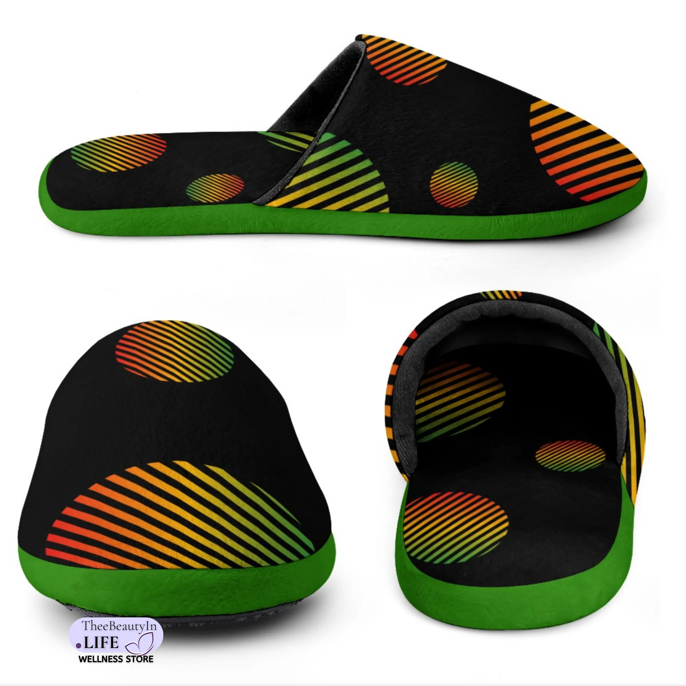 Memory Foam Slippers - Circle of History | Indoor Shoes for Women | Juneteenth Flag House Shoes | Bedroom Shoes with Red, Green, and Gold | Cute Black Slippers with Abstract Circles