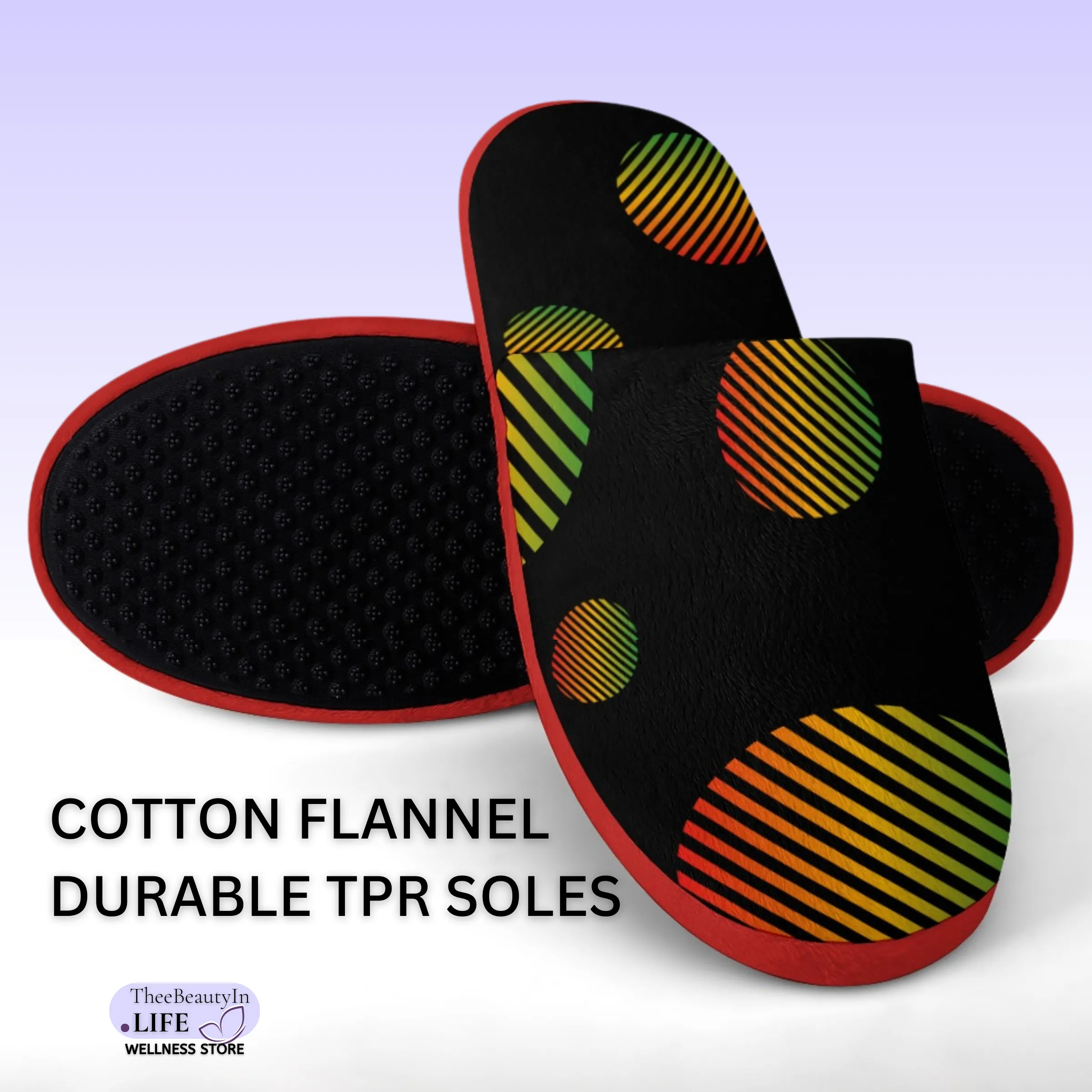 Memory Foam Slippers - Circle of History | Indoor Shoes for Women | Juneteenth Flag House Shoes | Bedroom Shoes with Red, Green, and Gold | Cute Black Slippers with Abstract Circles