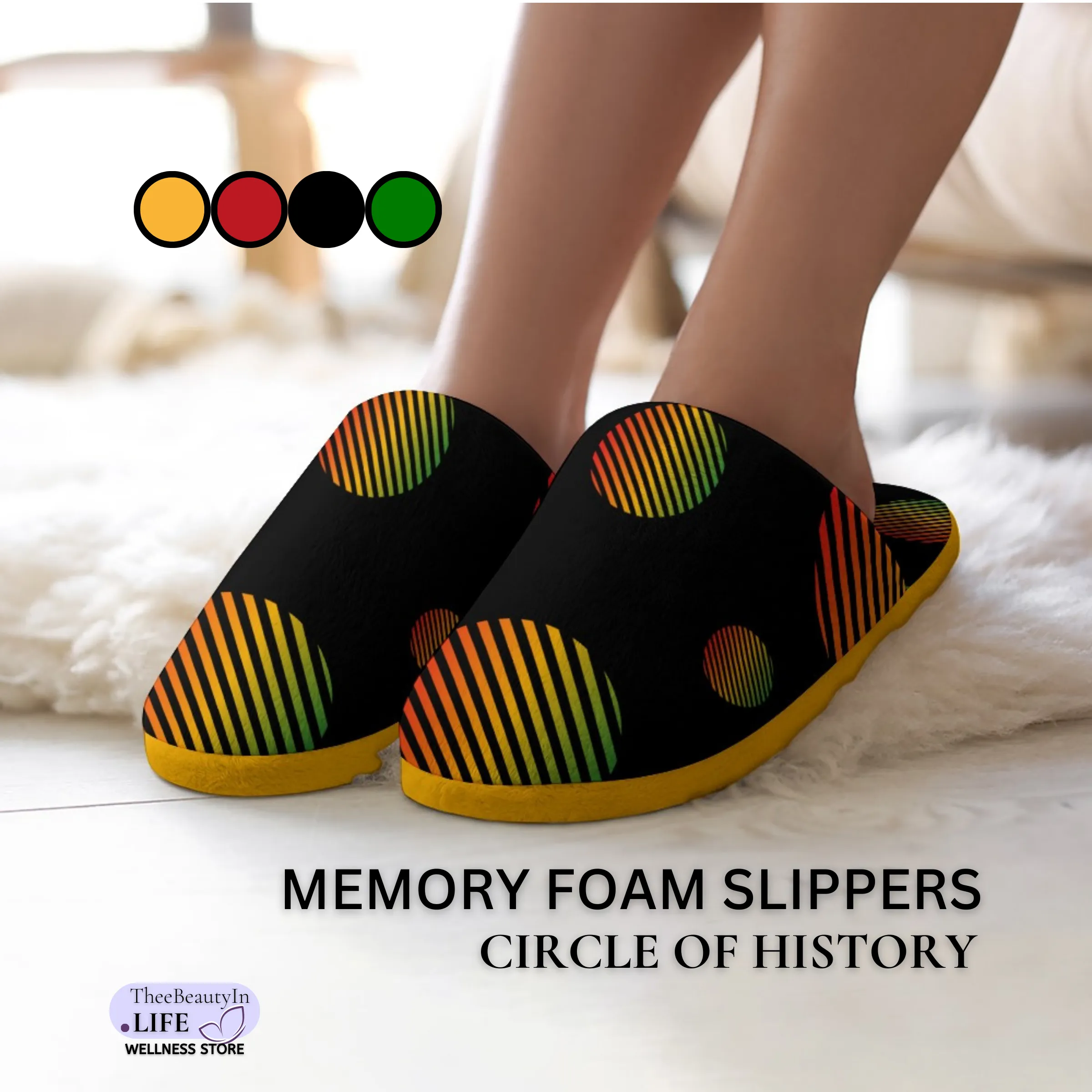 Memory Foam Slippers - Circle of History | Indoor Shoes for Women | Juneteenth Flag House Shoes | Bedroom Shoes with Red, Green, and Gold | Cute Black Slippers with Abstract Circles