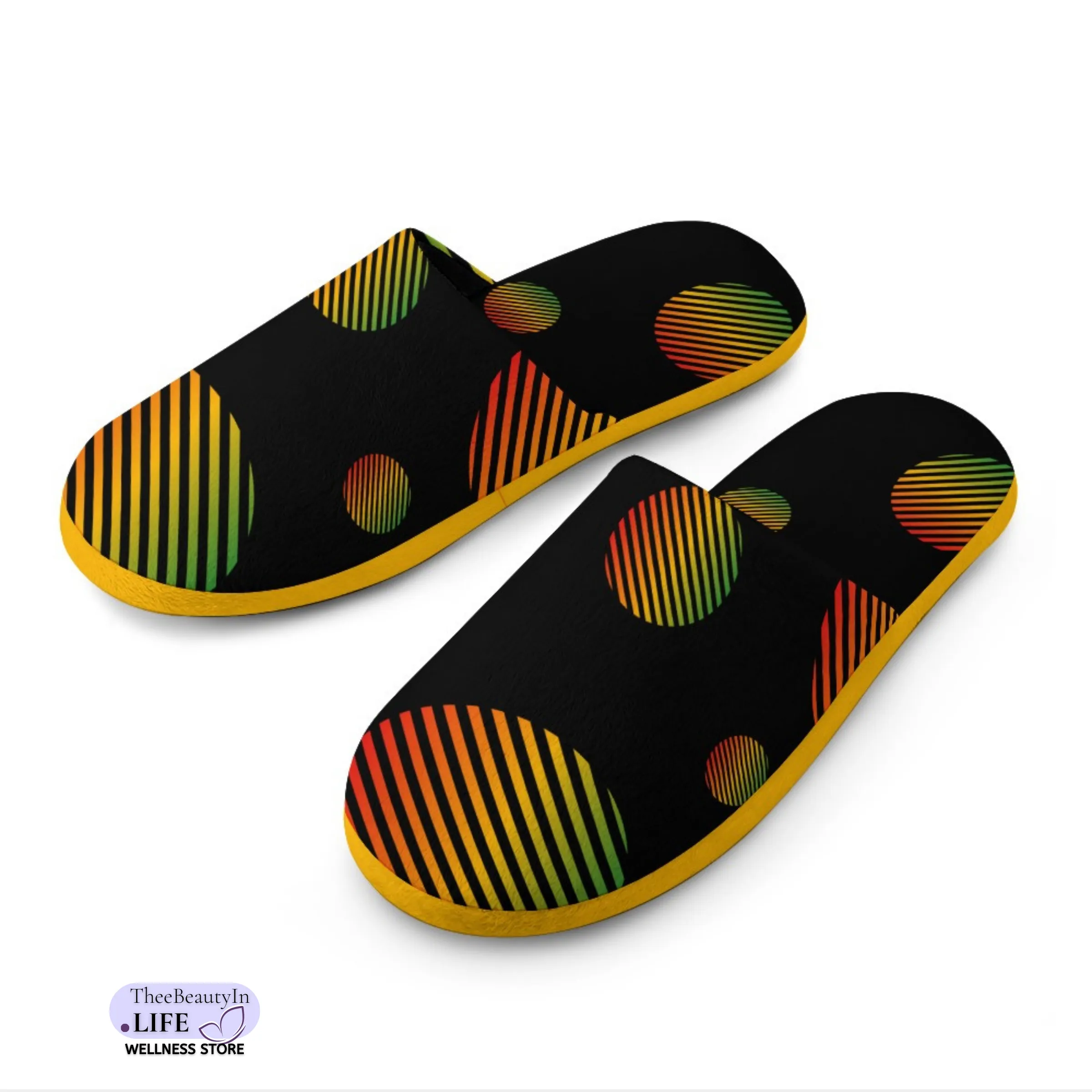 Memory Foam Slippers - Circle of History | Indoor Shoes for Women | Juneteenth Flag House Shoes | Bedroom Shoes with Red, Green, and Gold | Cute Black Slippers with Abstract Circles