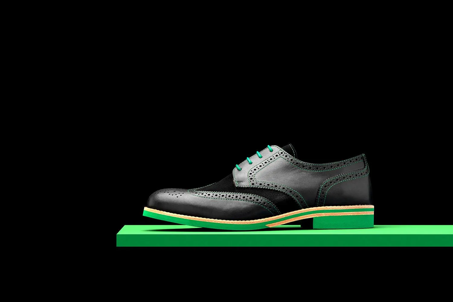 Mens Black & Green Leather Wingtip Dress Shoes