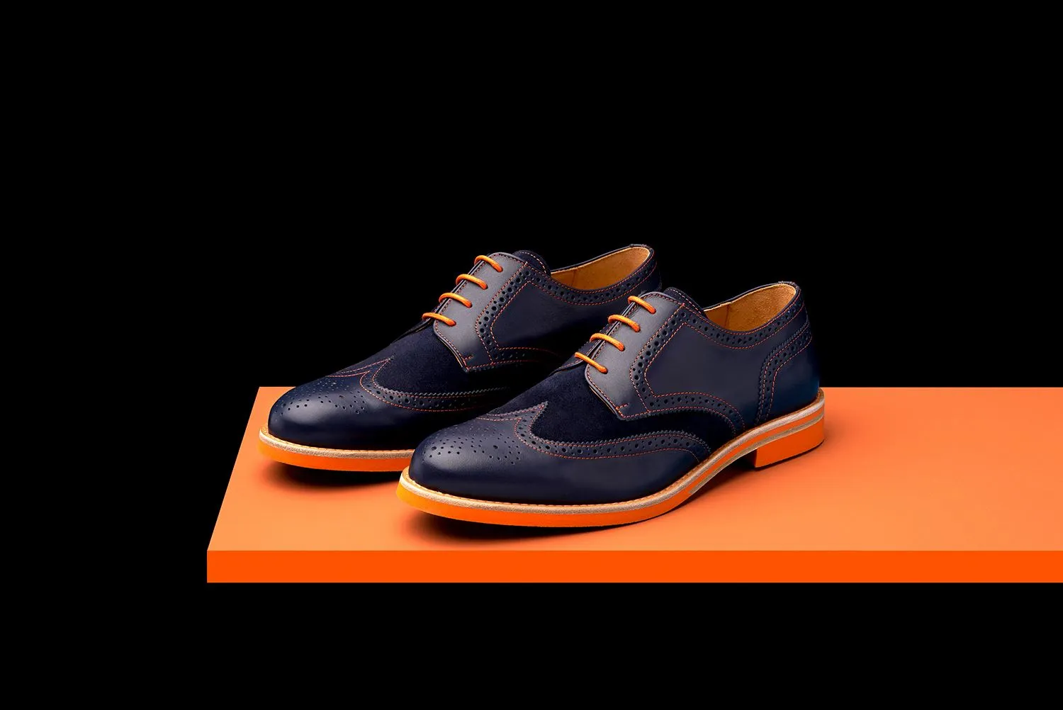 Mens Navy & Orange Leather Wingtip Dress Shoes