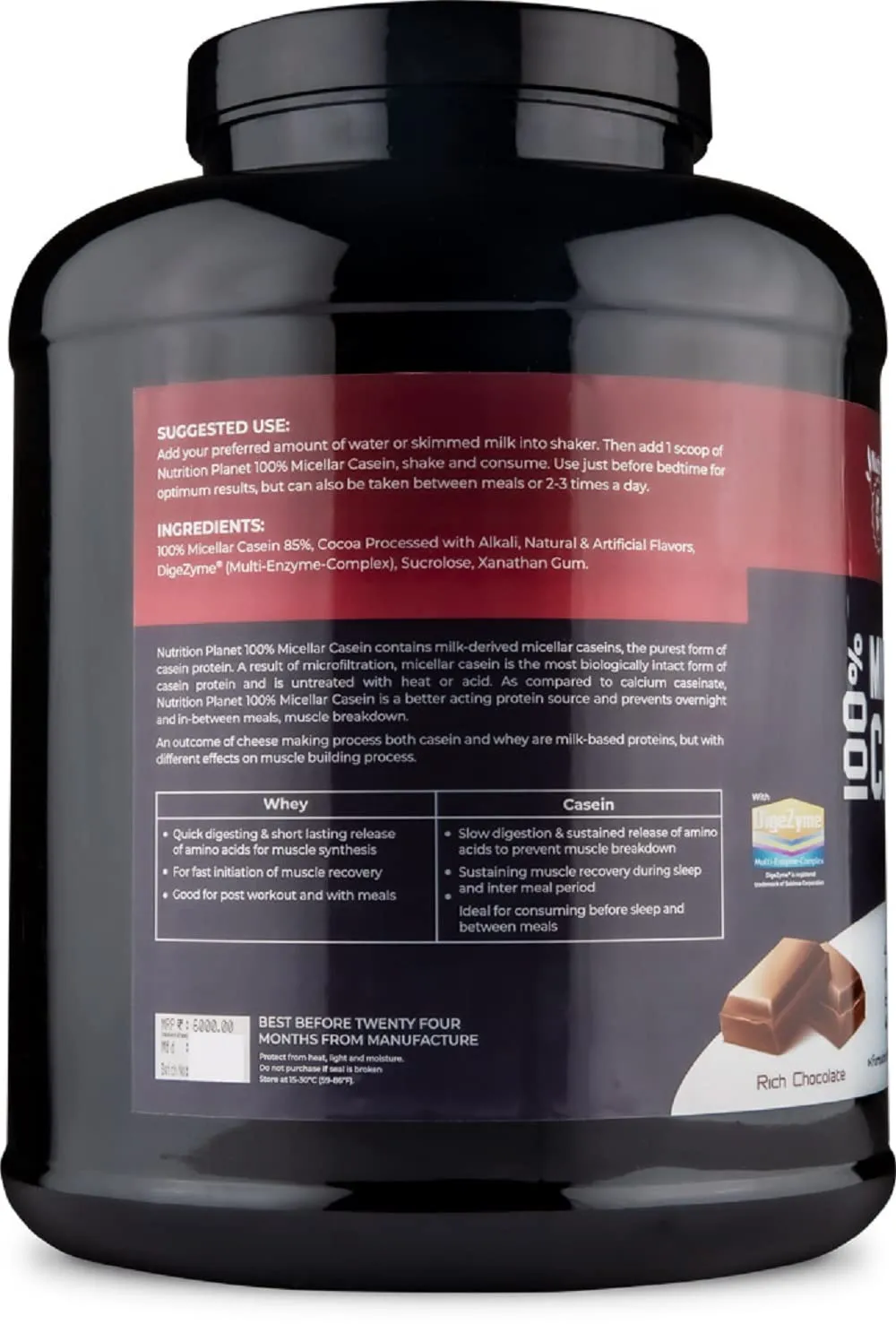 Nutrition Planet 100% Micellar Casein (With Added DigeZyme) for Pre/Post Workout Recovery (Chocolate - 4lb, 60 Servings)