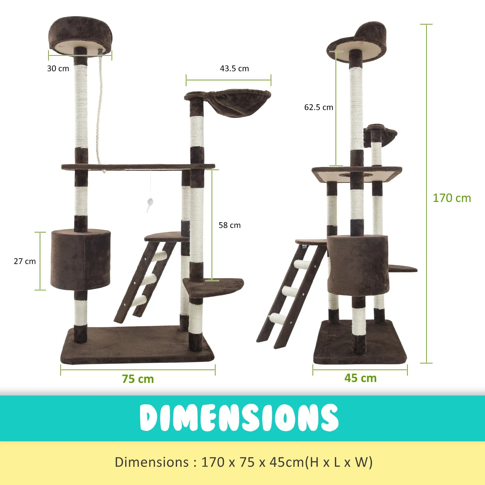 Paw Mate 170cm Brown Cat Tree Fuji Multi Level Scratcher