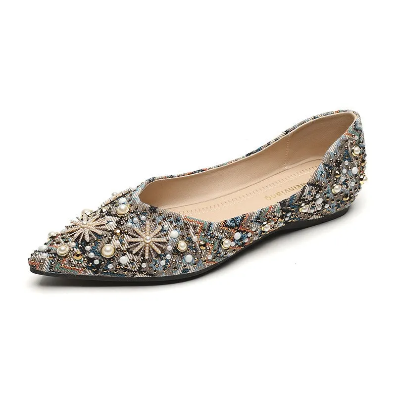 Pre Order:  Retro Pointed Toe Jeweled Flat Shoes