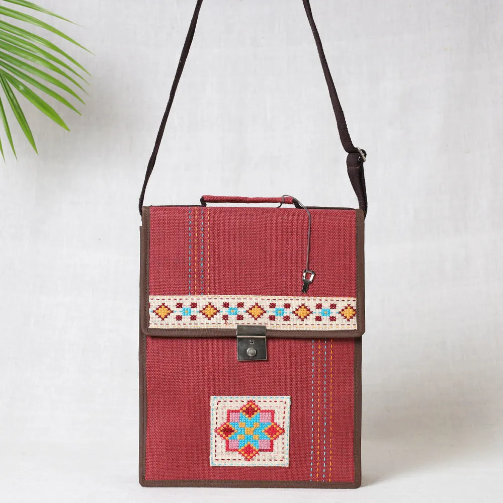 Red - Tribal Hand Embroidered Jute Office Sling Bag