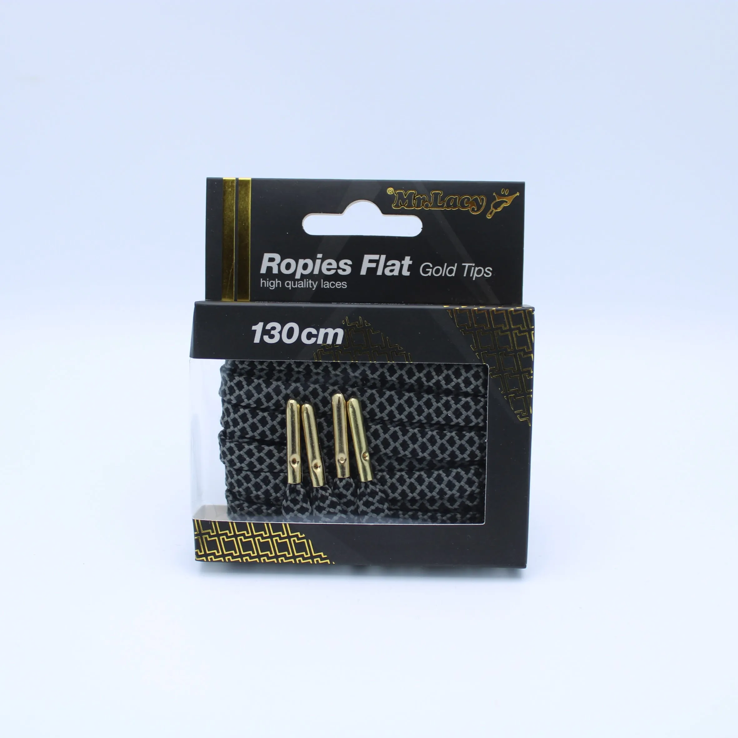 Ropies Flat Shoelaces · Black/Dark Grey/Gold Tip