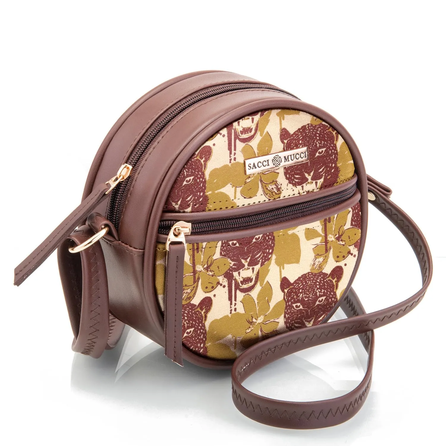 SACCI MUCCI Round Round Sling Bag, Printed Sling Bag For Girls, Crossbody Bag For Women, gifts for women, Shoulder Bag with Strap - Wild Print (Brown)