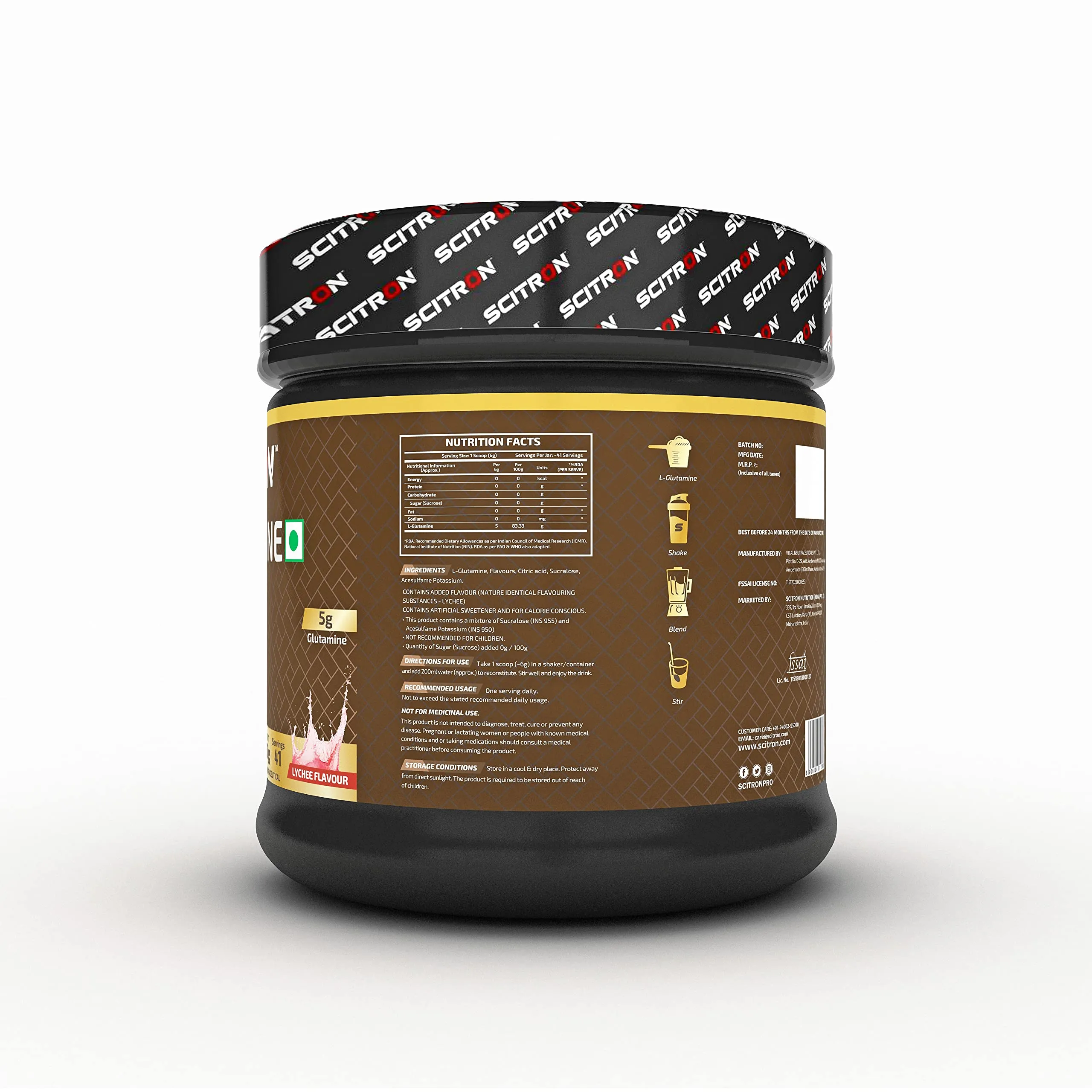 Scitron Nitro Series Glutamine 250g- Lychee Flavour | 5g Glutamine per Serving | Recovery & Muscle Support