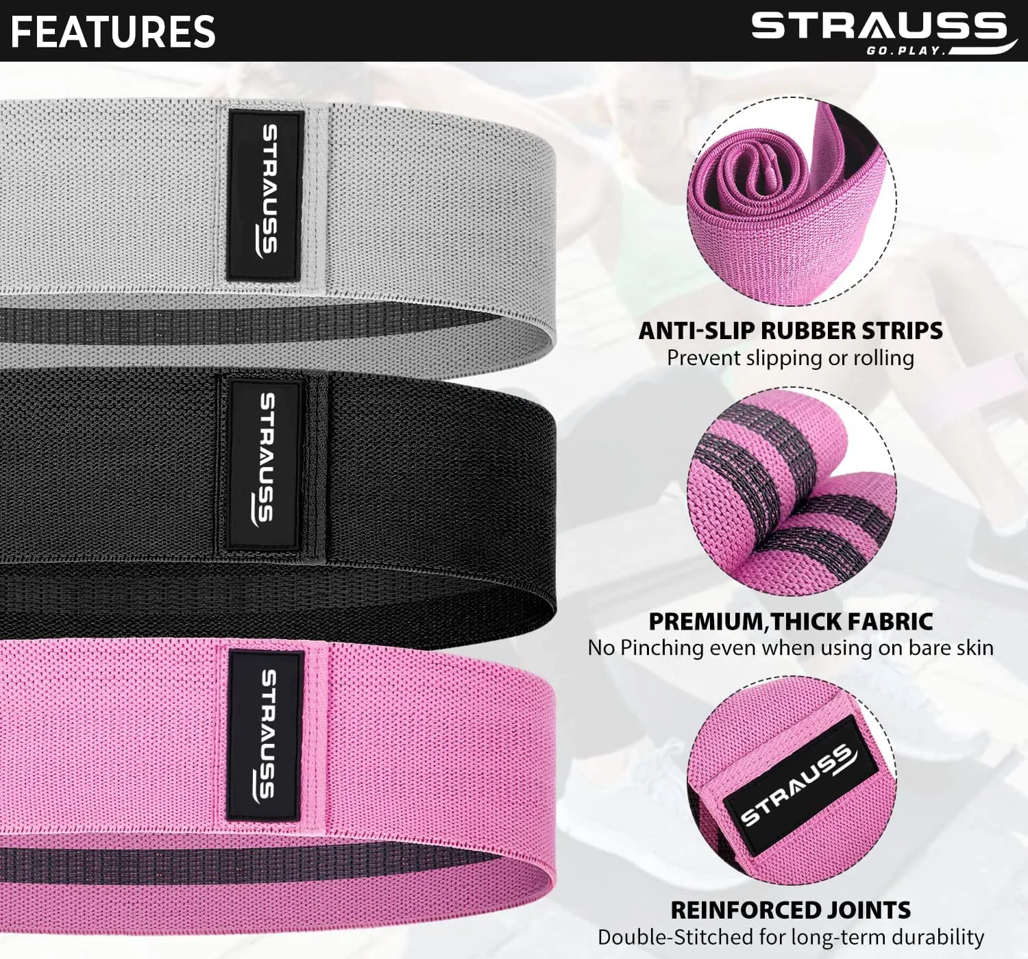 Strauss Fabric Resistance Band | Resistance Loop Band for Exercise, and Workout | Hip Band for Stretching, Squats, Legs, Thigh, Glutes and Butt Toning Workout | Ideal for Men & Women (Black)