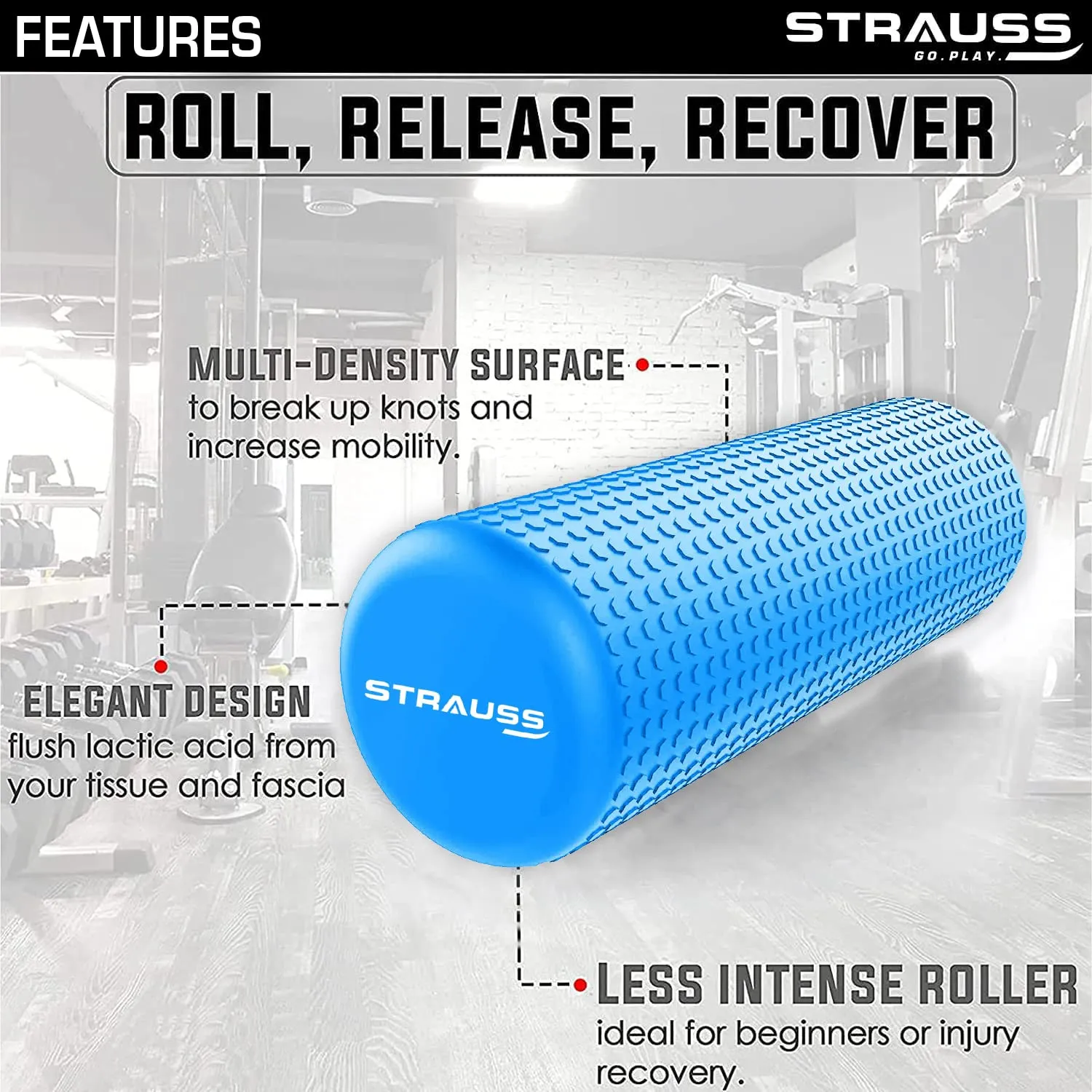 Strauss Yoga Foam Roller | Ideal For Exercise, Muscle Recovery, Physiotherapy, Pain Relief & Myofascial | Deep Tissue Massage Roller 30 Cm, (Blue)