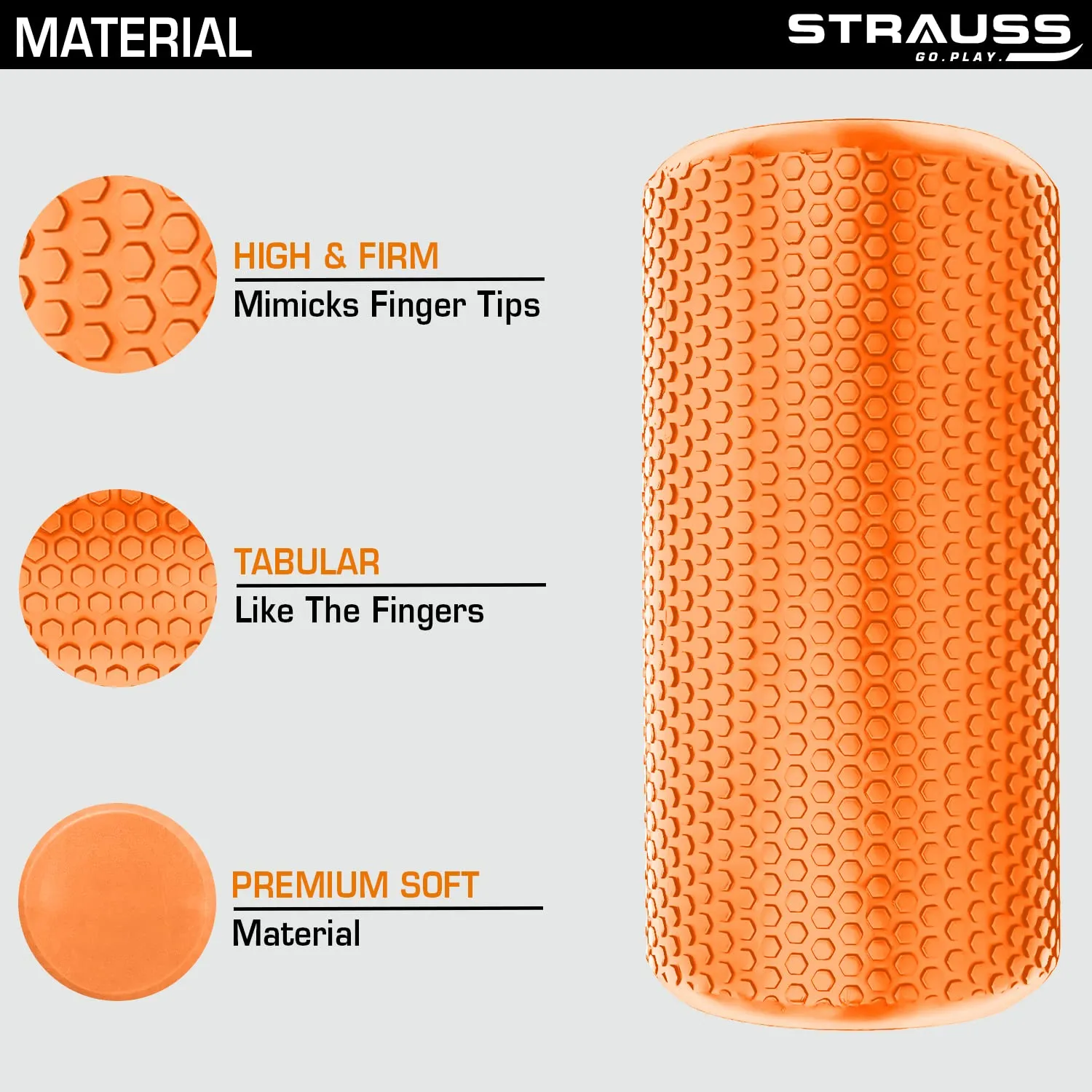 Strauss Yoga Foam Roller | Ideal For Exercise, Muscle Recovery, Physiotherapy, Pain Relief & Myofascial | Deep Tissue Massage Roller 45 Cm, (Orange)