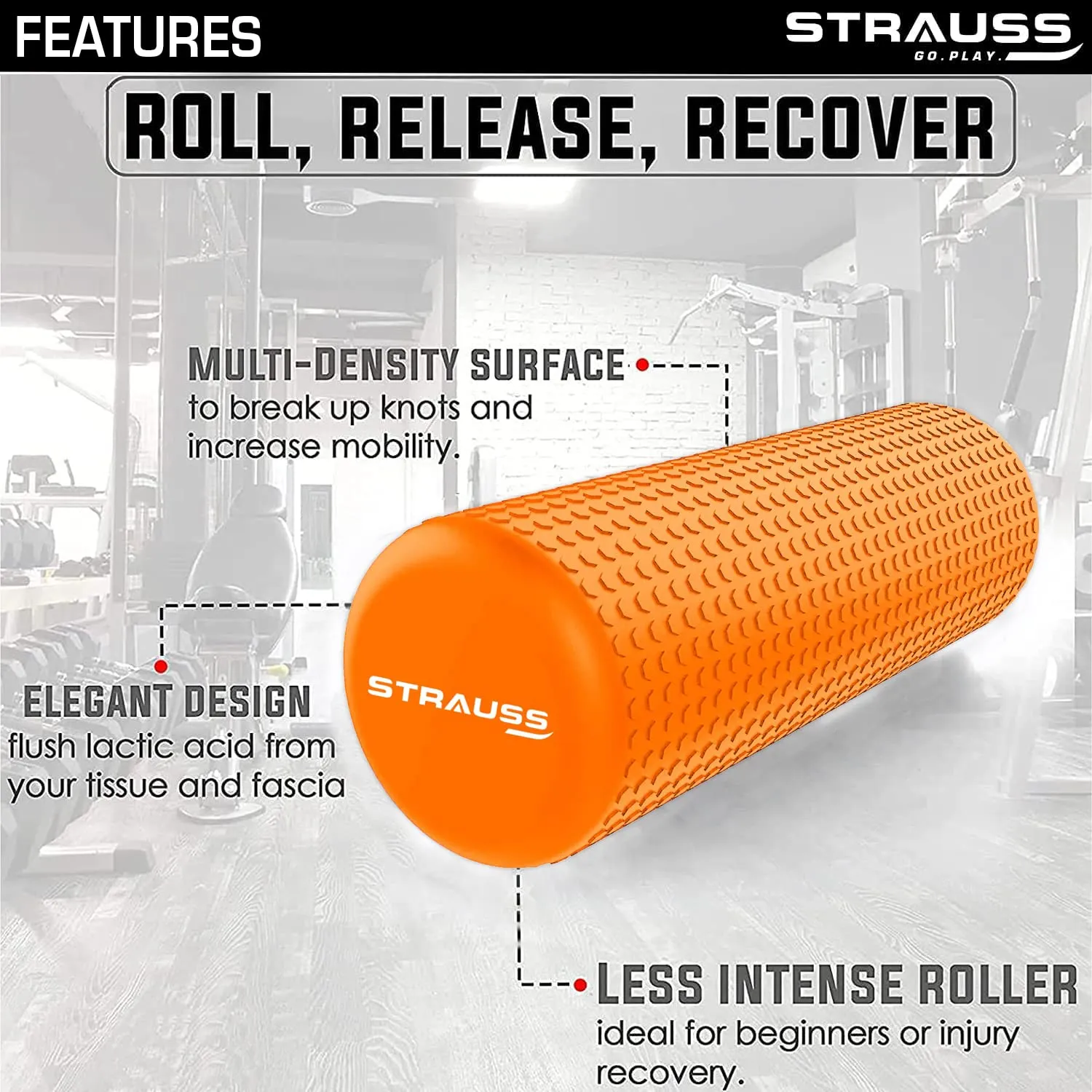 Strauss Yoga Foam Roller | Ideal For Exercise, Muscle Recovery, Physiotherapy, Pain Relief & Myofascial | Deep Tissue Massage Roller 45 Cm, (Orange)