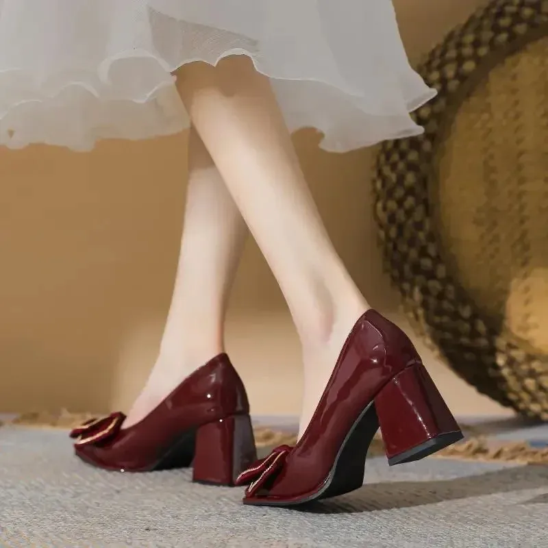 TAVIMART  -  Shoes for Women Block Heel Japanese Style Lolita Woman Footwear with Bow on Heeled Chunky Heels Pumps Gothic High Claret Korean