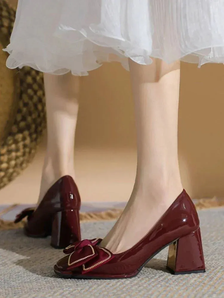 TAVIMART  -  Shoes for Women Block Heel Japanese Style Lolita Woman Footwear with Bow on Heeled Chunky Heels Pumps Gothic High Claret Korean