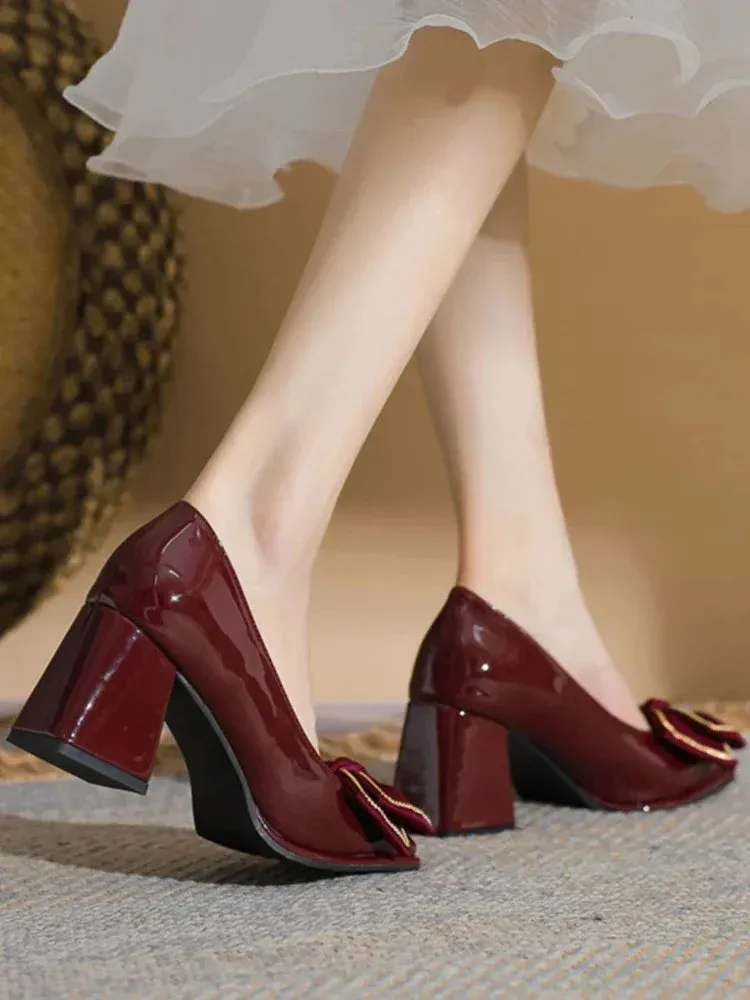 TAVIMART  -  Shoes for Women Block Heel Japanese Style Lolita Woman Footwear with Bow on Heeled Chunky Heels Pumps Gothic High Claret Korean