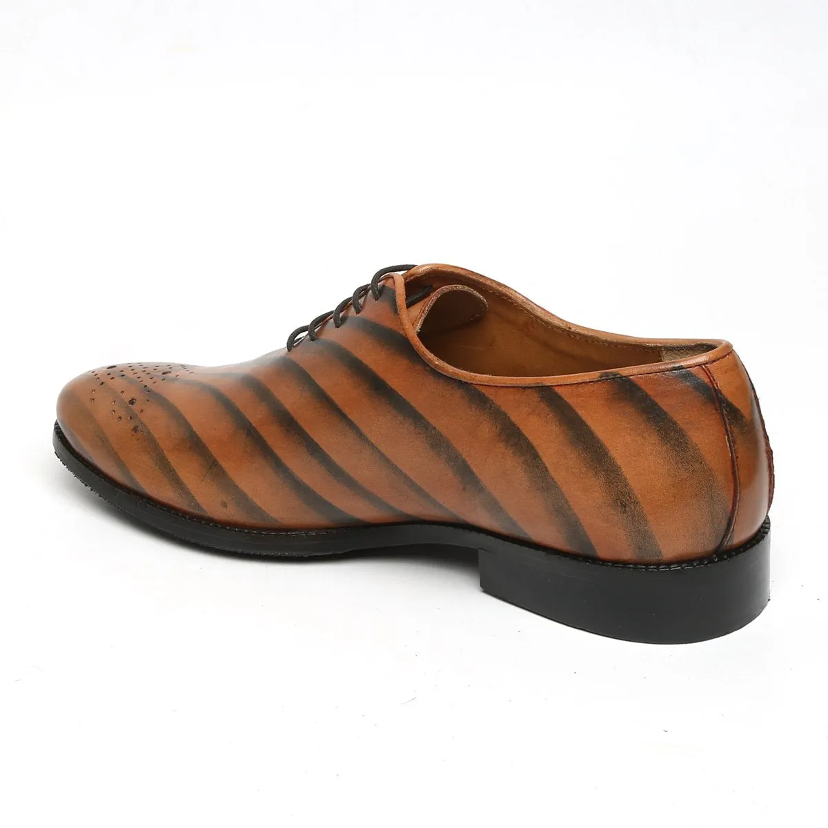 Tiger Print Tan Single Piece Leather Oxford Lace-Up Formal Shoe