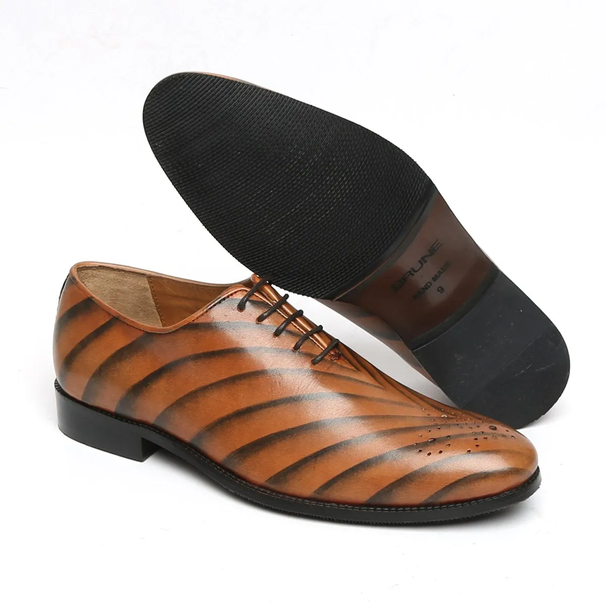 Tiger Print Tan Single Piece Leather Oxford Lace-Up Formal Shoe