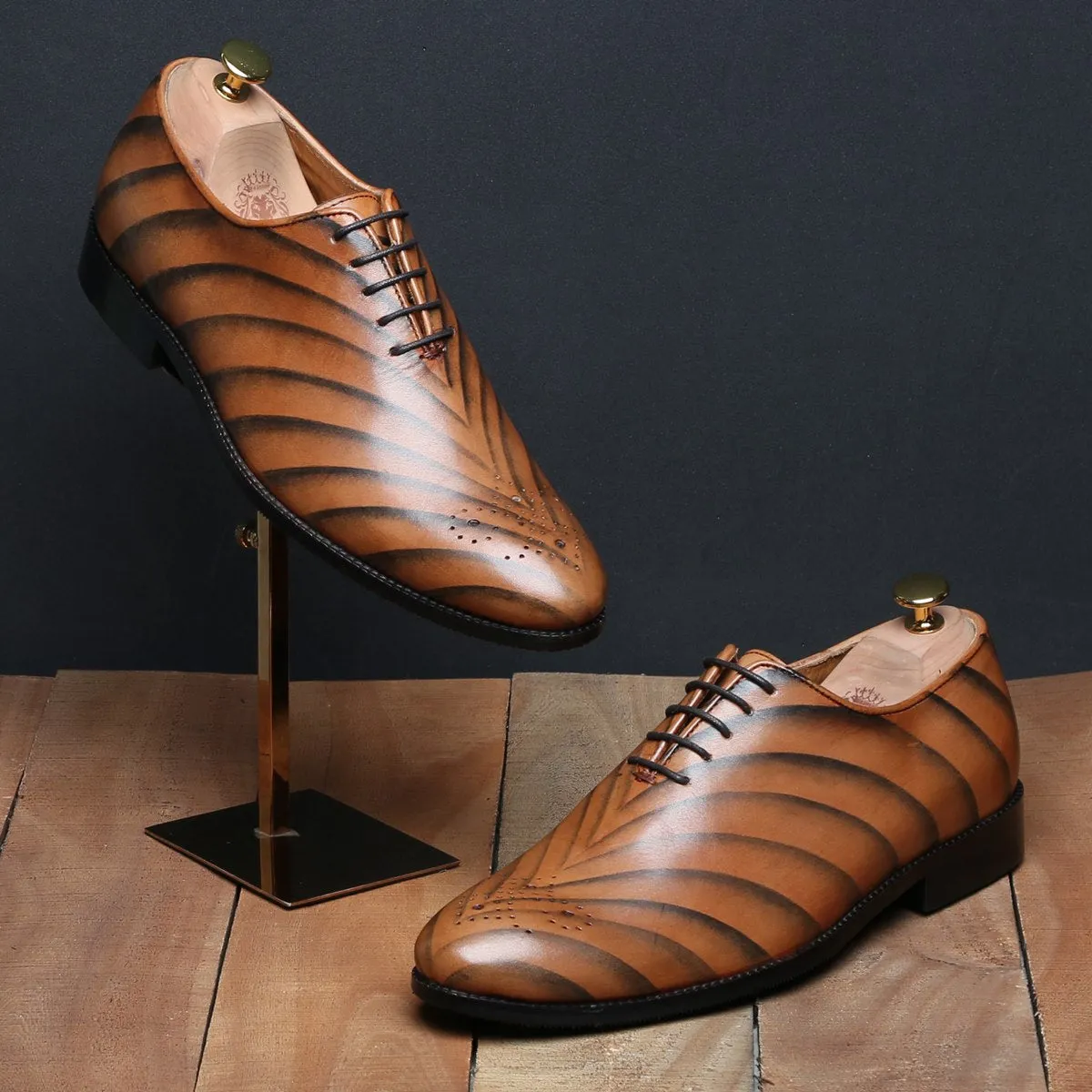 Tiger Print Tan Single Piece Leather Oxford Lace-Up Formal Shoe