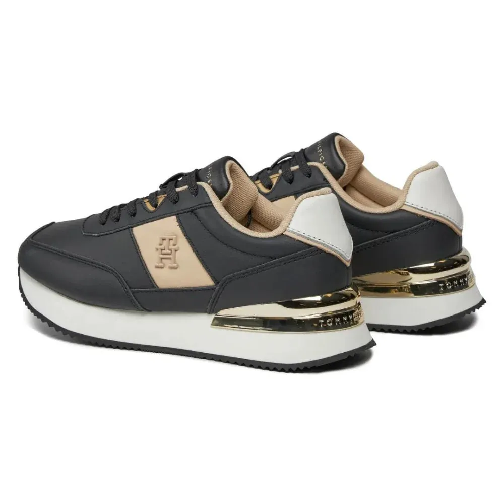 Tommy Hilfiger Elevated Metallic Heel Leather Runner Trainers Women - BLK