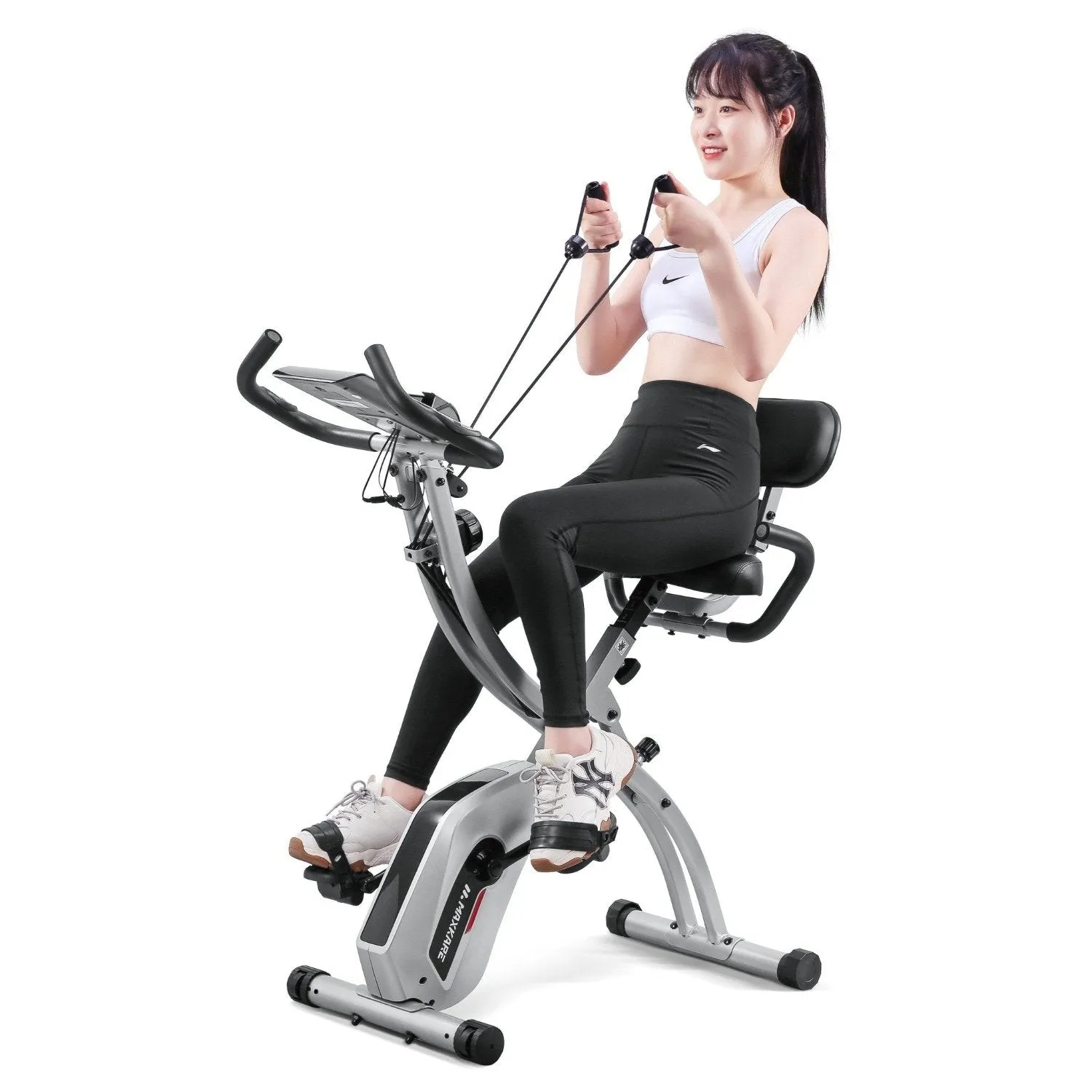 Upright Folding Exercise Bike Stationary Recumbent Magnetic Indoor Cycling Bike with Arm Resistance Bands/Adjustable Resistance/LCD Monitor for Home Use