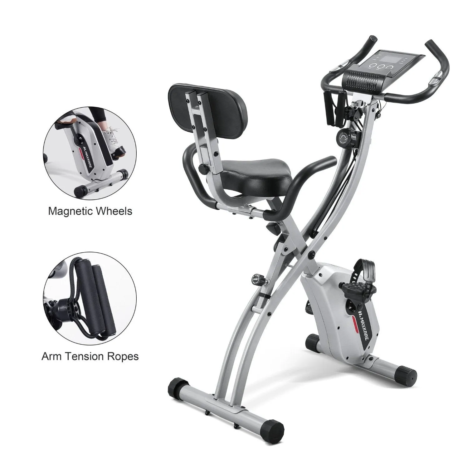 Upright Folding Exercise Bike Stationary Recumbent Magnetic Indoor Cycling Bike with Arm Resistance Bands/Adjustable Resistance/LCD Monitor for Home Use