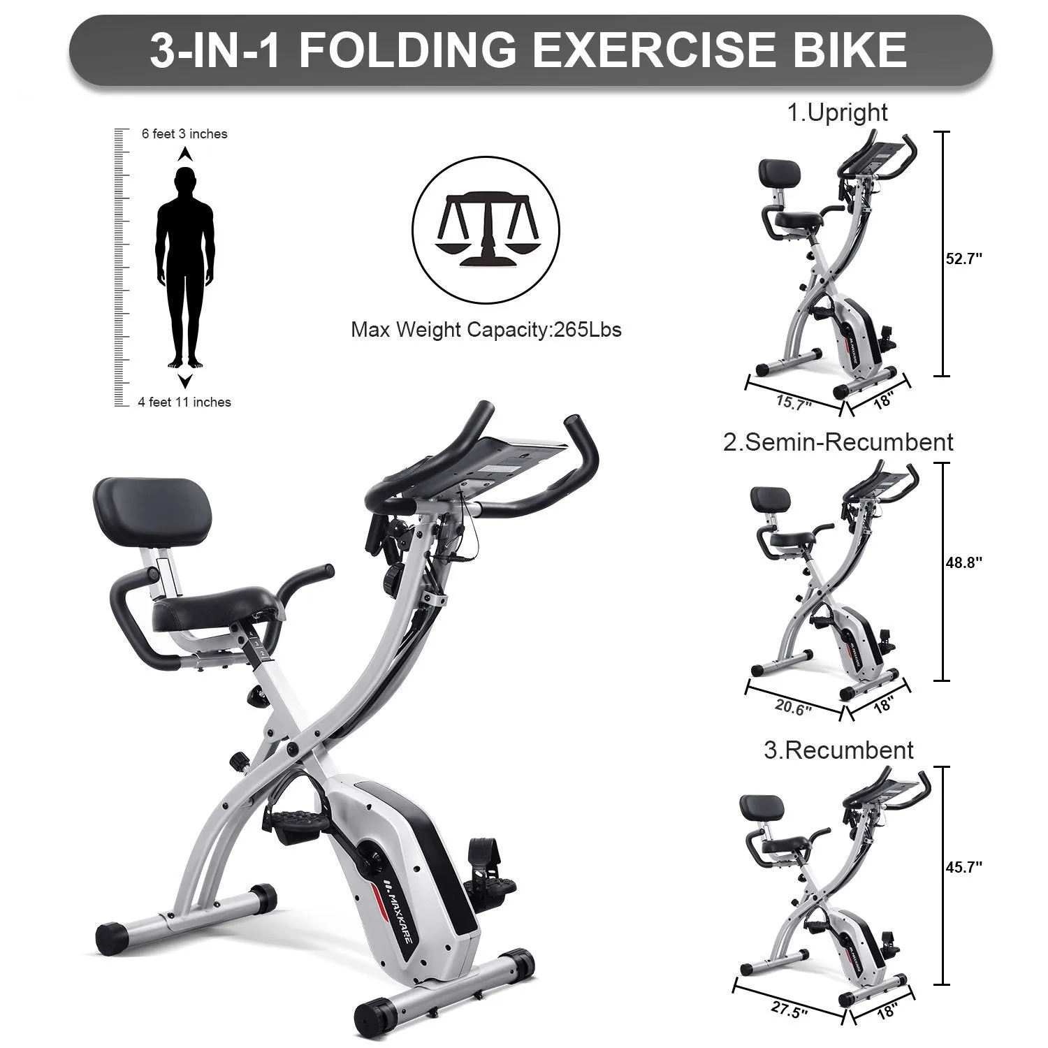 Upright Folding Exercise Bike Stationary Recumbent Magnetic Indoor Cycling Bike with Arm Resistance Bands/Adjustable Resistance/LCD Monitor for Home Use