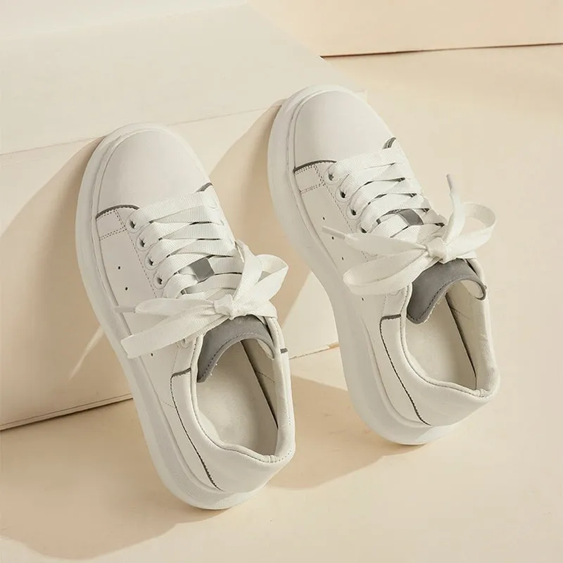 Women Platform Sneakers Cow Leather Lace-Up Casual Round Toe Lady Flats Shoes with Thick Sole Handmade