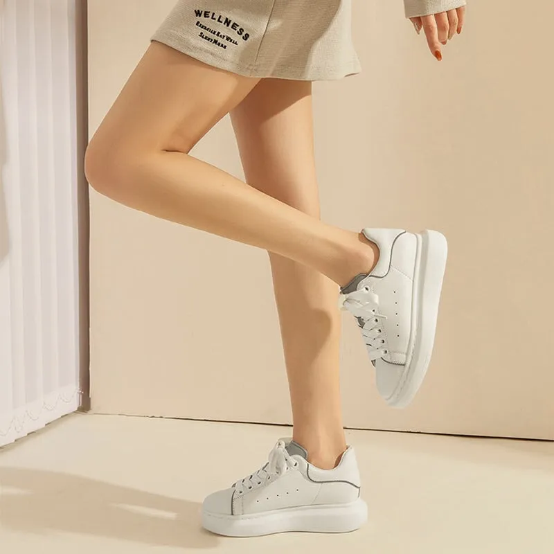 Women Platform Sneakers Cow Leather Lace-Up Casual Round Toe Lady Flats Shoes with Thick Sole Handmade