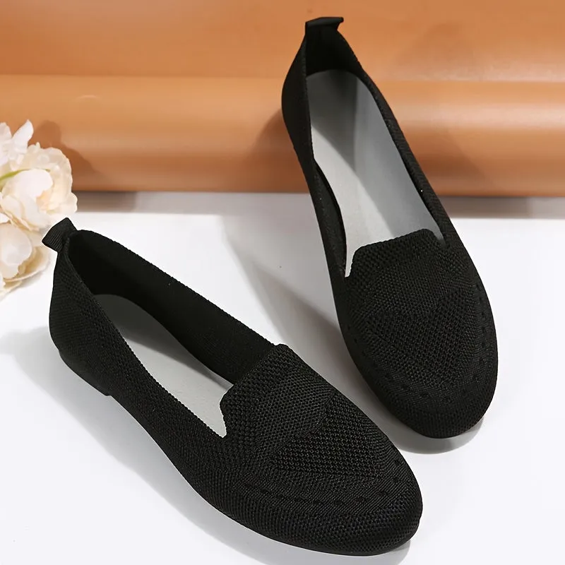 Women's Black Slip-On Flats - Breathable Knitted Round Toe Non-Slip Casual Lightweight Walking Shoes