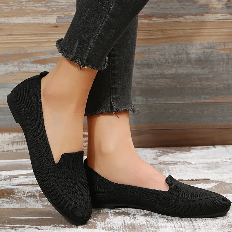 Women's Black Slip-On Flats - Breathable Knitted Round Toe Non-Slip Casual Lightweight Walking Shoes