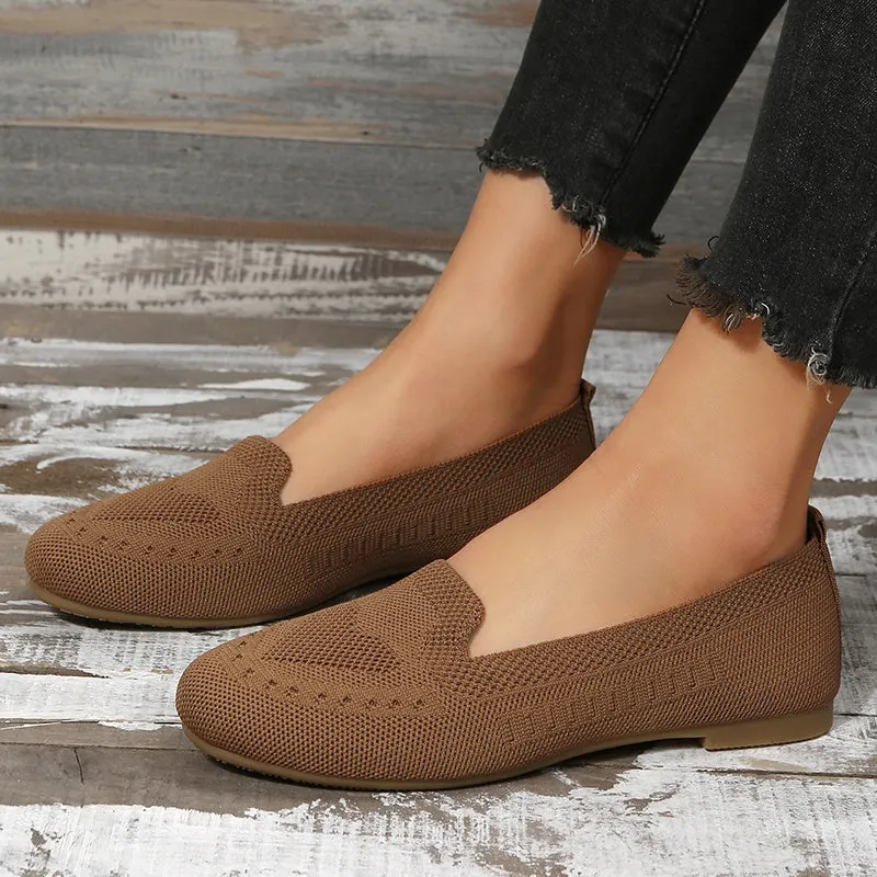 Women's Black Slip-On Flats - Breathable Knitted Round Toe Non-Slip Casual Lightweight Walking Shoes