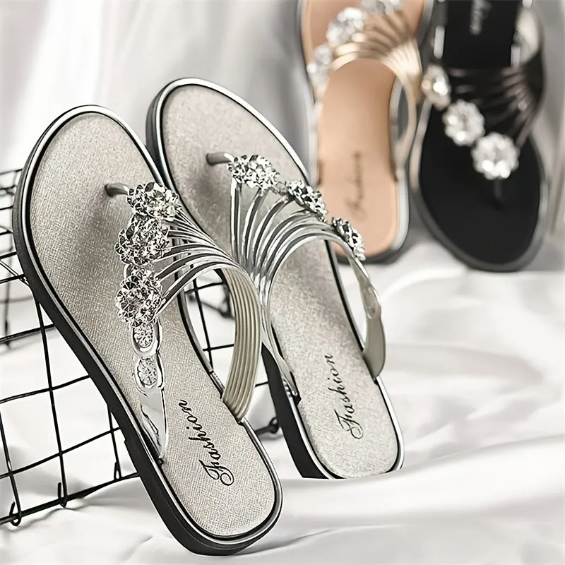 Women's Lightweight Flower Faux Rhinestone Flip Flops Flat Open Toe Fashion Slippers