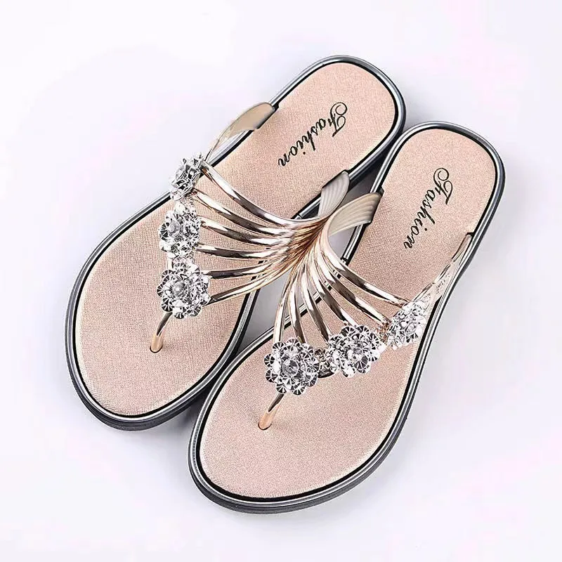 Women's Lightweight Flower Faux Rhinestone Flip Flops Flat Open Toe Fashion Slippers