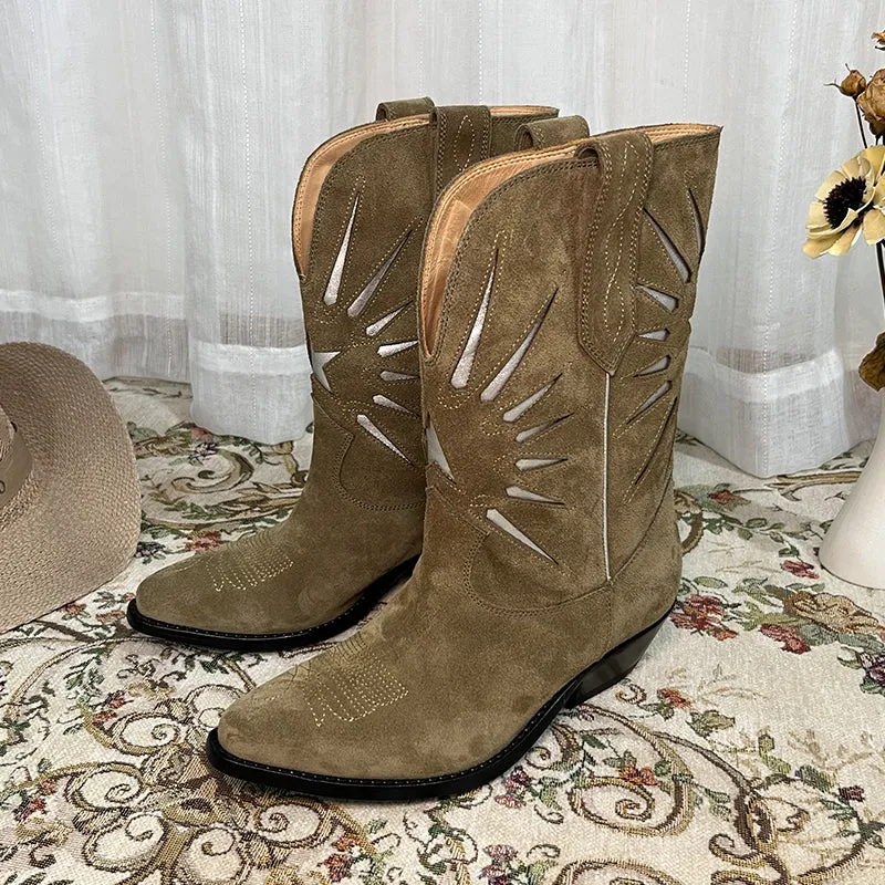 Womens Western Contrast-stitching Cowboy Boots - Suede Khaki/Black Cowgirl Boots