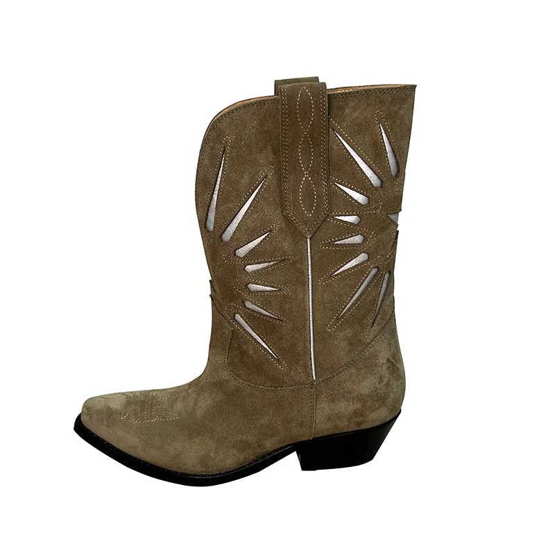 Womens Western Contrast-stitching Cowboy Boots - Suede Khaki/Black Cowgirl Boots